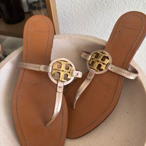 Tory Burch Rose Gold Miller Logo Leather Thong Sandals